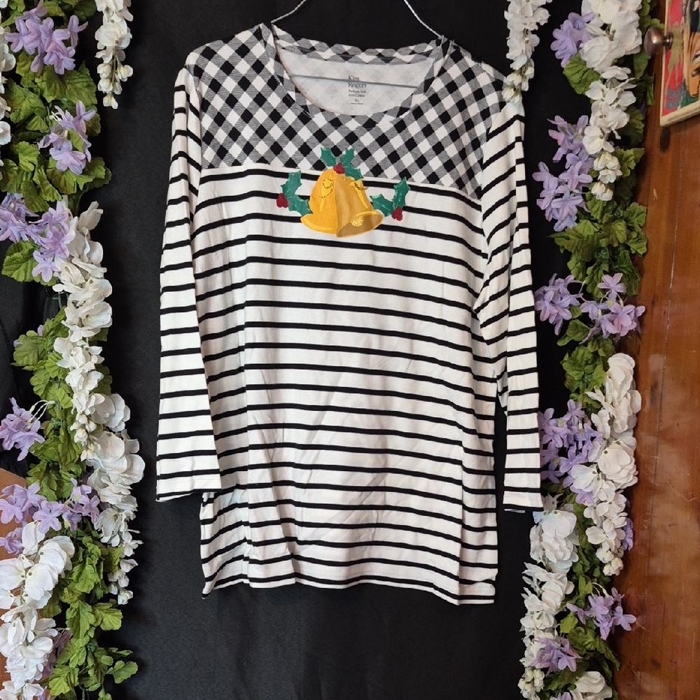 Kim Rogers Black and White Striped Gingham Yoke Top